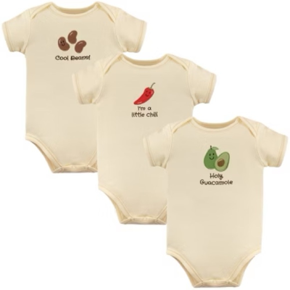 Touched by Nature Organic Cotton Bodysuits 6-9M Set of 3 Guacamole Pepper Beans